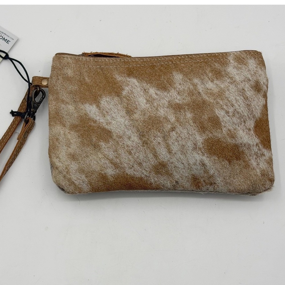 Myra Bag Brown White Cowhide Wristlet Clutch Western Leather Pouch NEW